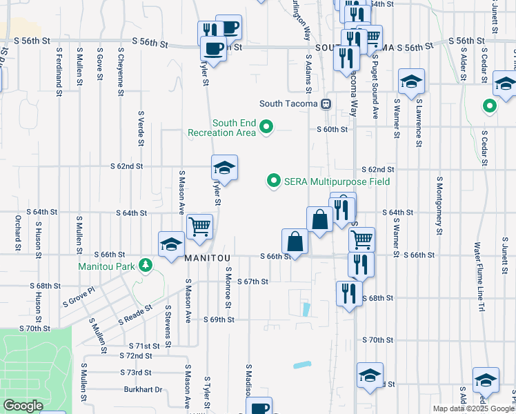 map of restaurants, bars, coffee shops, grocery stores, and more near 3875 South 66th Street in Tacoma