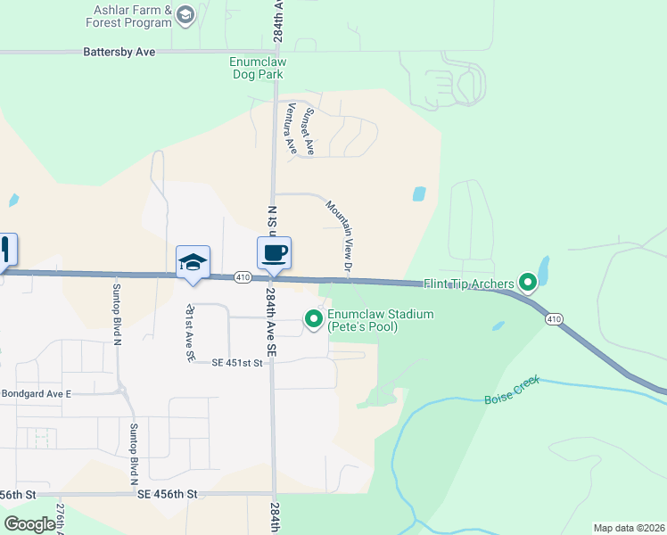 map of restaurants, bars, coffee shops, grocery stores, and more near 2200 Mountain View Drive in Enumclaw