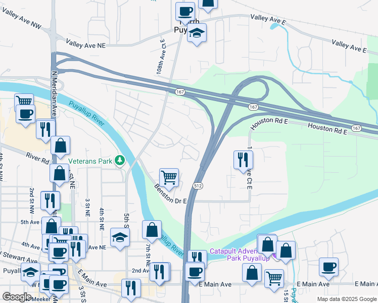 map of restaurants, bars, coffee shops, grocery stores, and more near 6316 111th Avenue East in Puyallup