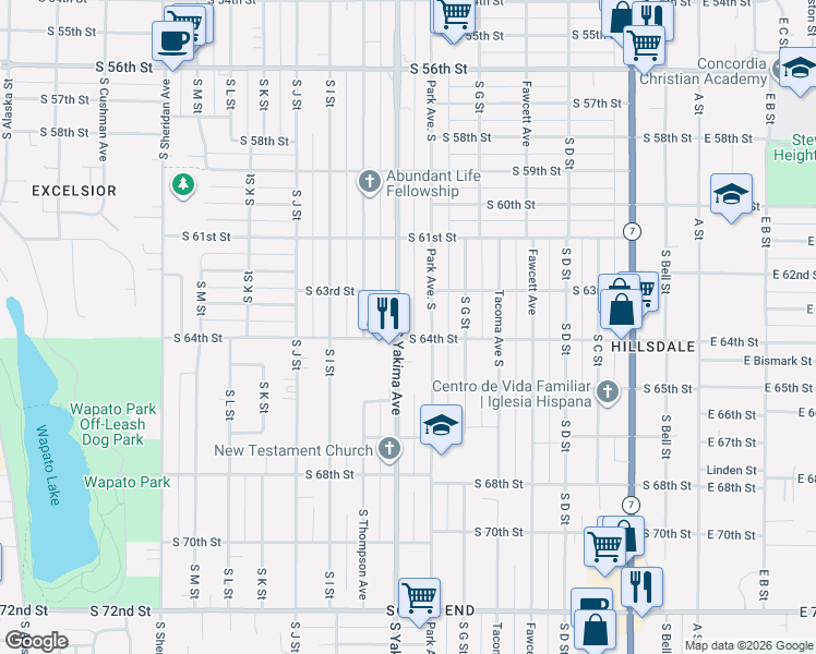 map of restaurants, bars, coffee shops, grocery stores, and more near 6324 South Yakima Avenue in Tacoma