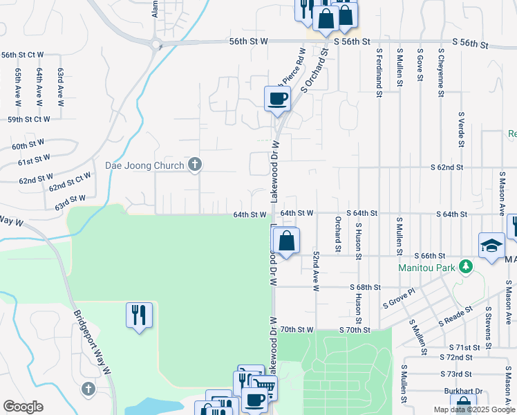 map of restaurants, bars, coffee shops, grocery stores, and more near 5417 64th Street West in University Place