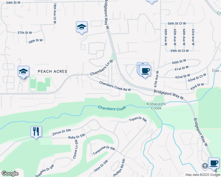map of restaurants, bars, coffee shops, grocery stores, and more near 7115 64th Street Court West in University Place