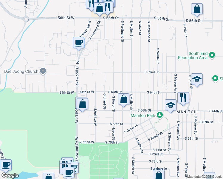 map of restaurants, bars, coffee shops, grocery stores, and more near 6248 South Huson Street in Tacoma