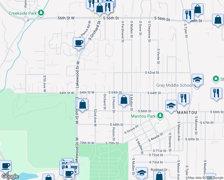 map of restaurants, bars, coffee shops, grocery stores, and more near 6248 South Huson Street in Tacoma