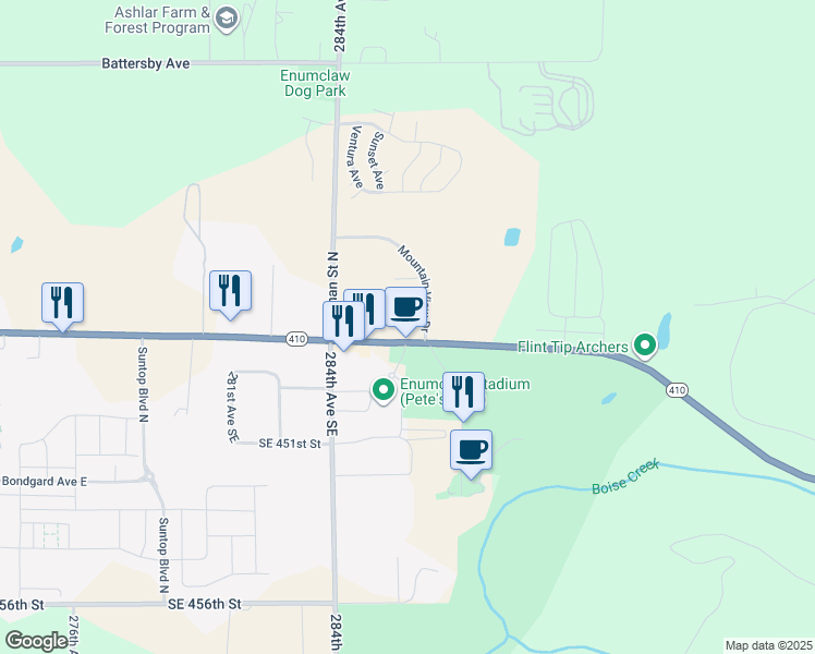 map of restaurants, bars, coffee shops, grocery stores, and more near 2200 Mountain View Drive in Enumclaw