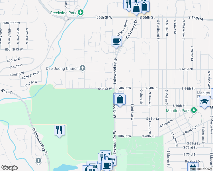 map of restaurants, bars, coffee shops, grocery stores, and more near 5417 64th Street West in University Place