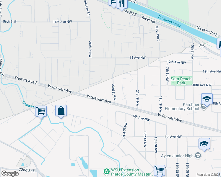 map of restaurants, bars, coffee shops, grocery stores, and more near 2339 West Stewart Avenue in Puyallup