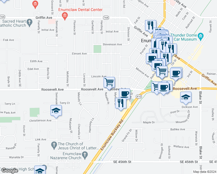 map of restaurants, bars, coffee shops, grocery stores, and more near 970 Natalie Place in Enumclaw