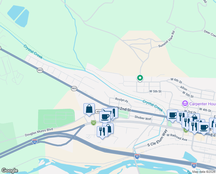 map of restaurants, bars, coffee shops, grocery stores, and more near 801 Roslyn Place in Cle Elum