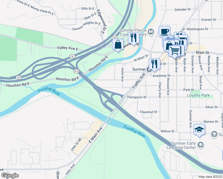 map of restaurants, bars, coffee shops, grocery stores, and more near 438 Harrison Street in Sumner