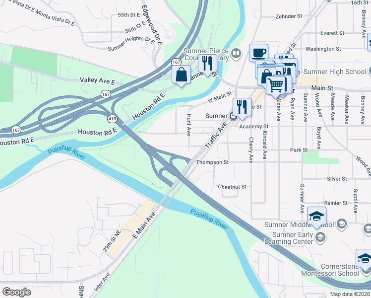 map of restaurants, bars, coffee shops, grocery stores, and more near 603 Hunt Avenue in Sumner