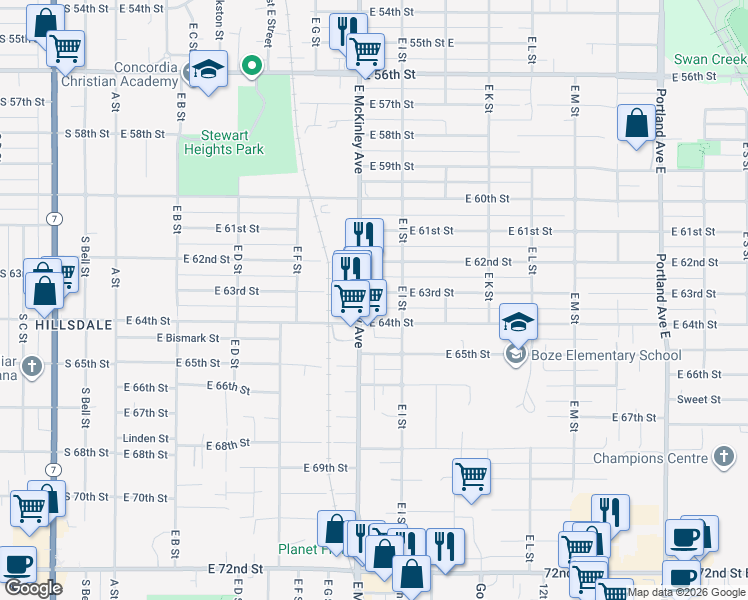 map of restaurants, bars, coffee shops, grocery stores, and more near 6324 East McKinley Avenue in Tacoma