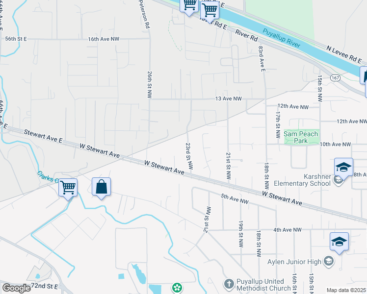 map of restaurants, bars, coffee shops, grocery stores, and more near 2339 West Stewart Avenue in Puyallup