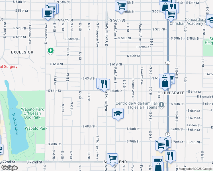 map of restaurants, bars, coffee shops, grocery stores, and more near 6324 South Yakima Avenue in Tacoma