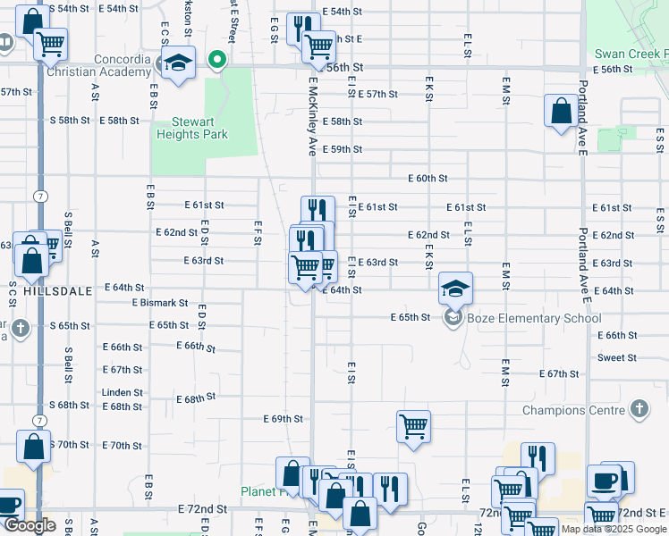 map of restaurants, bars, coffee shops, grocery stores, and more near 818 East 63rd Street in Tacoma