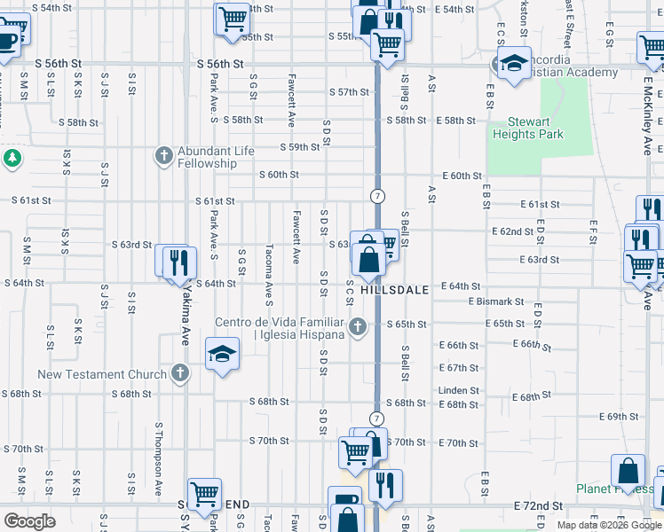 map of restaurants, bars, coffee shops, grocery stores, and more near 301 South 63rd Street in Tacoma