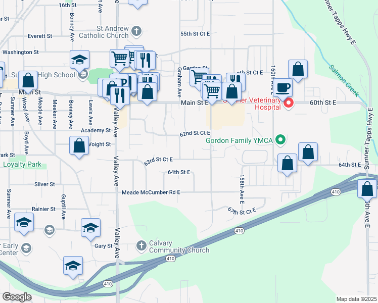 map of restaurants, bars, coffee shops, grocery stores, and more near 15506 62nd Street Court East in Sumner