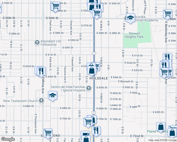 map of restaurants, bars, coffee shops, grocery stores, and more near 207 South 63rd Street in Tacoma