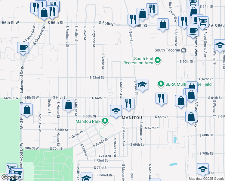 map of restaurants, bars, coffee shops, grocery stores, and more near in Tacoma