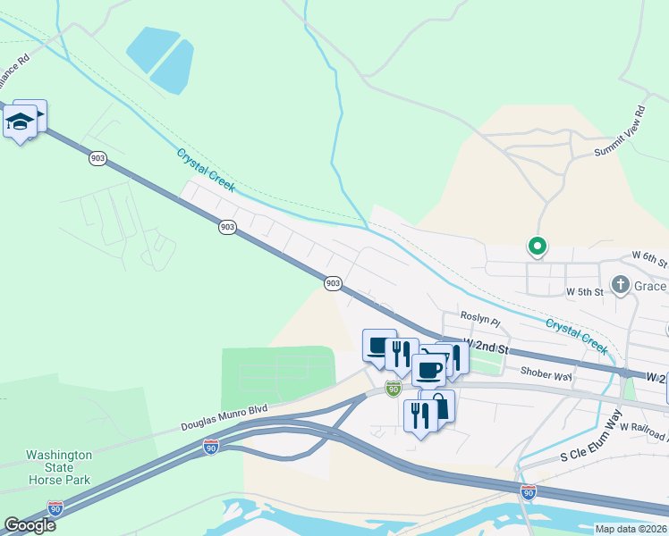 map of restaurants, bars, coffee shops, grocery stores, and more near Frankie Lane in Cle Elum