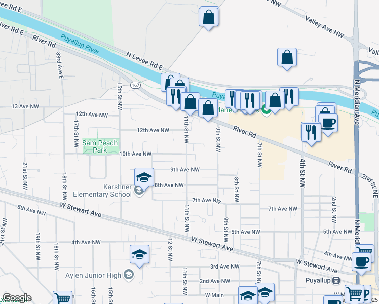 map of restaurants, bars, coffee shops, grocery stores, and more near 1016 11th Avenue Northwest in Puyallup