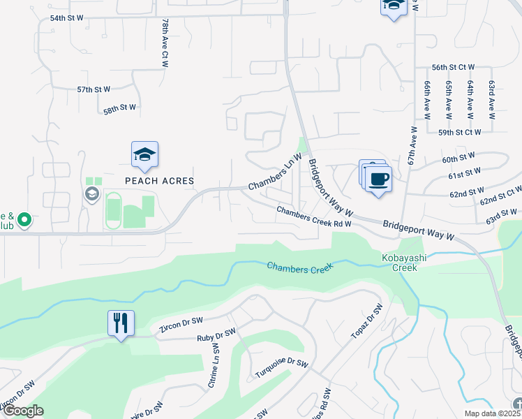 map of restaurants, bars, coffee shops, grocery stores, and more near 7415 Chambers Creek Road West in University Place