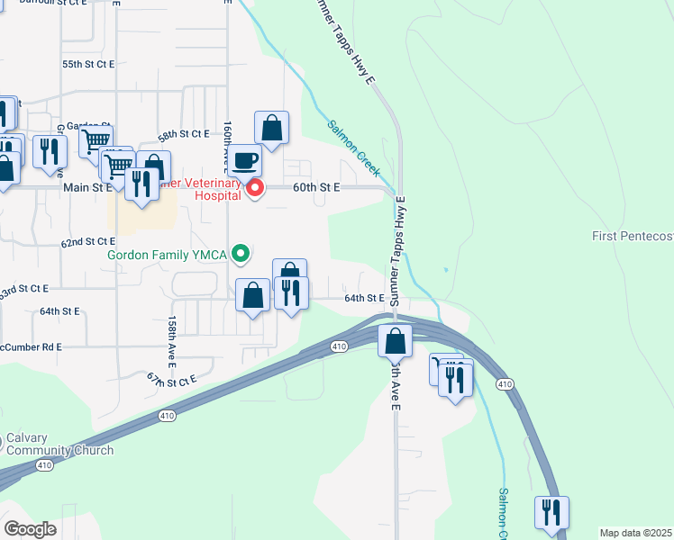 map of restaurants, bars, coffee shops, grocery stores, and more near 16323 64th Street East in Sumner