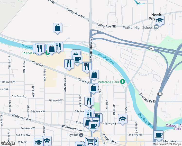 map of restaurants, bars, coffee shops, grocery stores, and more near 1027 North Meridian Avenue in Puyallup
