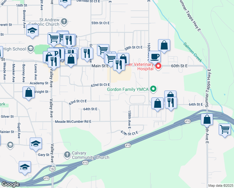 map of restaurants, bars, coffee shops, grocery stores, and more near 15635 63rd Street Court East in Sumner
