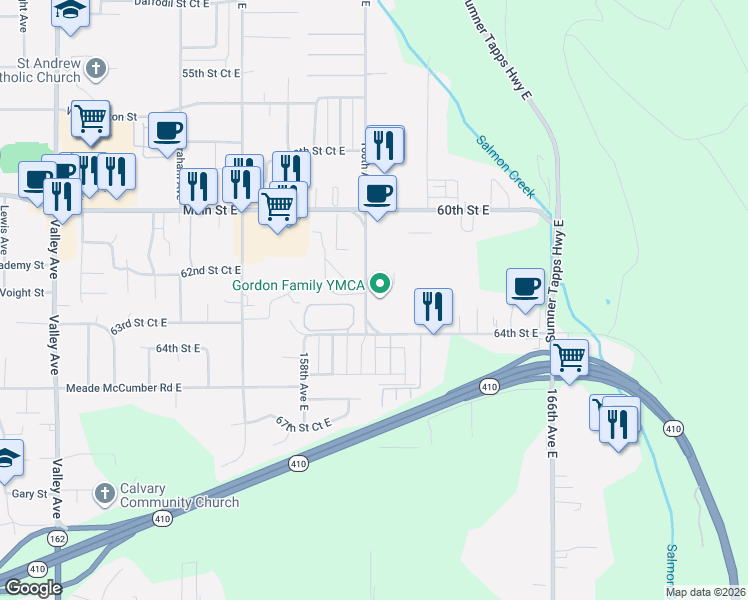 map of restaurants, bars, coffee shops, grocery stores, and more near 6221 160th Avenue East in Sumner