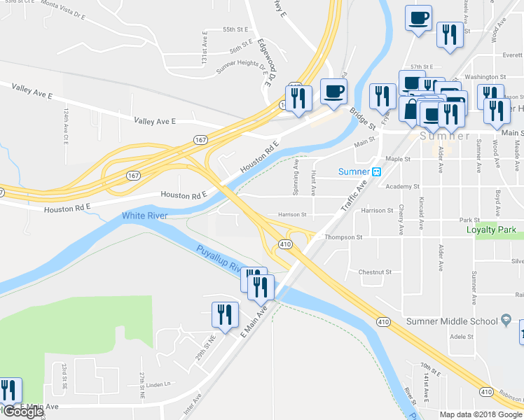 map of restaurants, bars, coffee shops, grocery stores, and more near 401 Harrison Street in Sumner