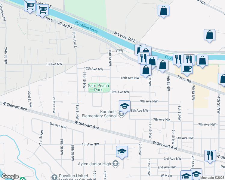map of restaurants, bars, coffee shops, grocery stores, and more near 1016 14th Street Northwest in Puyallup