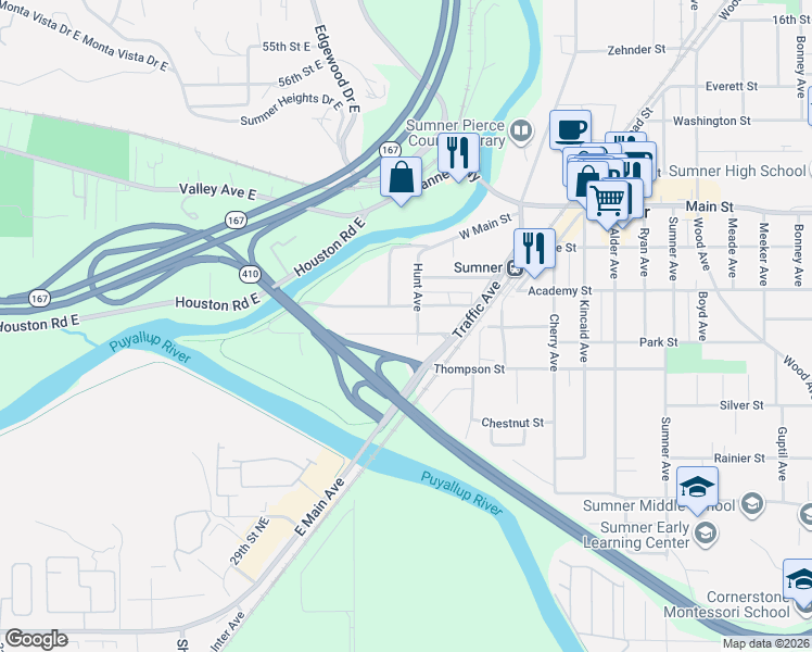 map of restaurants, bars, coffee shops, grocery stores, and more near 714 Hunt Avenue in Sumner