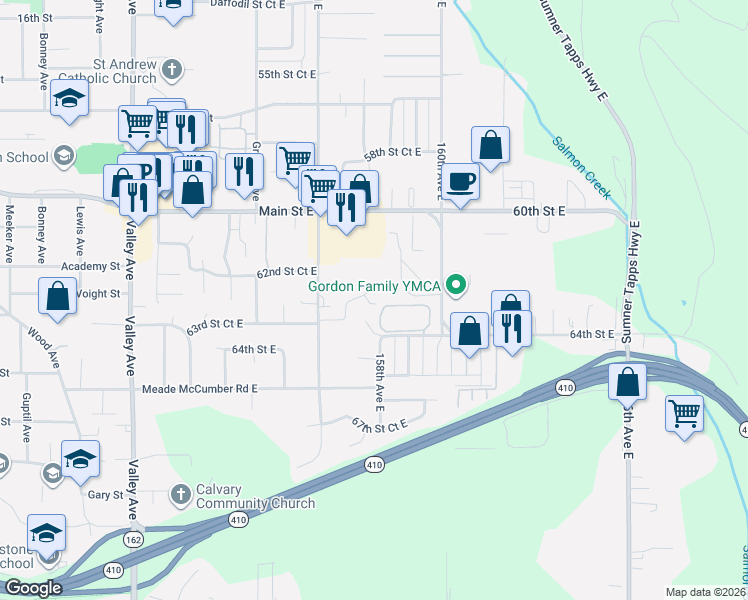 map of restaurants, bars, coffee shops, grocery stores, and more near 15717 63rd Street Court East in Sumner
