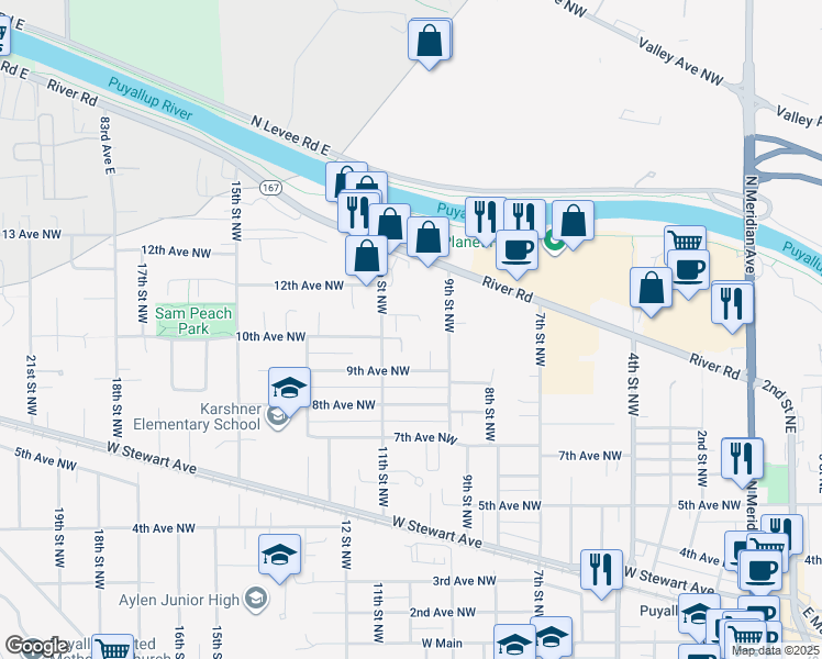 map of restaurants, bars, coffee shops, grocery stores, and more near 927 11th Avenue Northwest in Puyallup