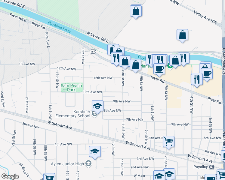 map of restaurants, bars, coffee shops, grocery stores, and more near 1017 13th Street Court Northwest in Puyallup