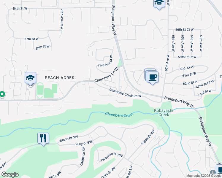 map of restaurants, bars, coffee shops, grocery stores, and more near 7311 Chambers Creek Road West in University Place