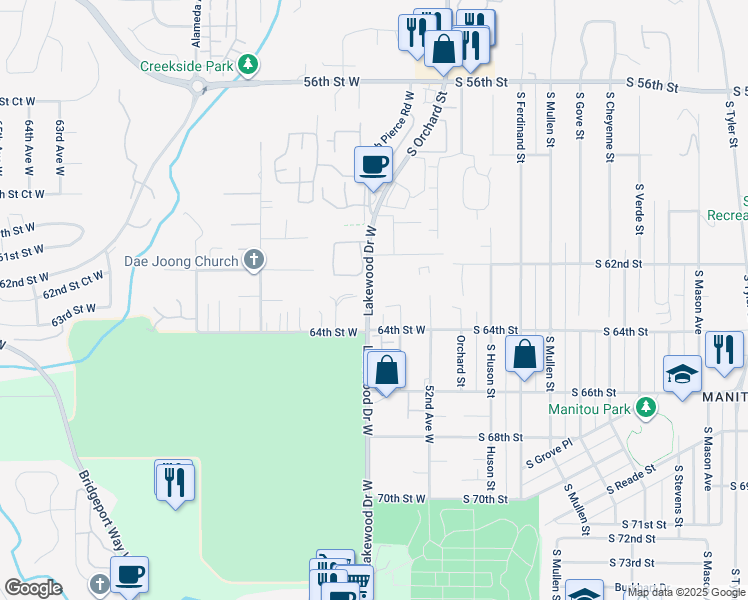 map of restaurants, bars, coffee shops, grocery stores, and more near 6249 Lakewood Drive West in University Place