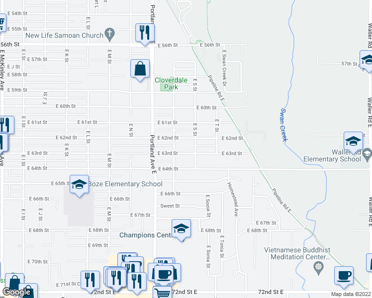 map of restaurants, bars, coffee shops, grocery stores, and more near 1715 East 63rd Street in Tacoma