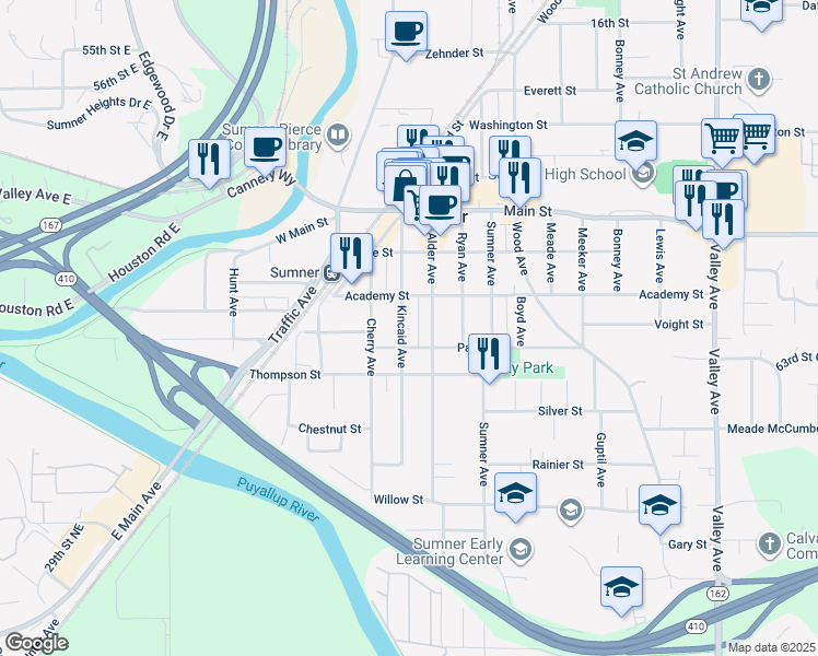 map of restaurants, bars, coffee shops, grocery stores, and more near 711 Kincaid Avenue in Sumner