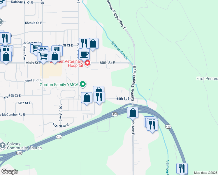 map of restaurants, bars, coffee shops, grocery stores, and more near 16323 64th Street East in Sumner