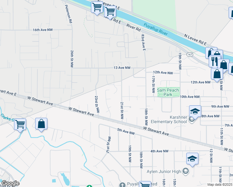map of restaurants, bars, coffee shops, grocery stores, and more near 1014 Northwest 21st Street in Puyallup