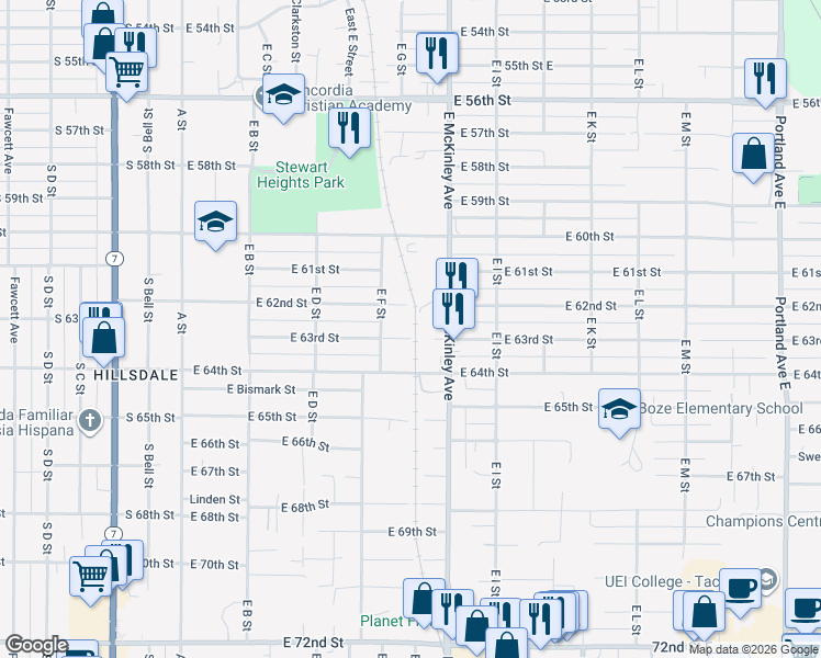 map of restaurants, bars, coffee shops, grocery stores, and more near 620 East 62nd Street in Tacoma