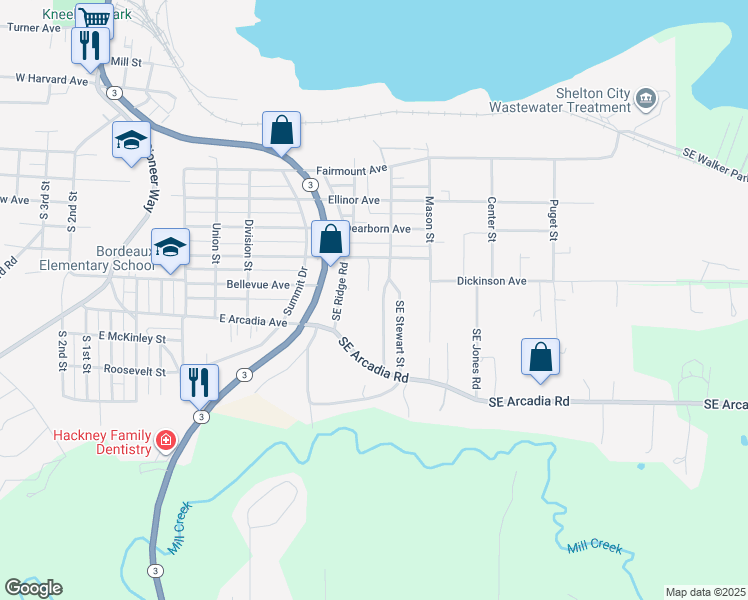 map of restaurants, bars, coffee shops, grocery stores, and more near 121 Cascade Court in Shelton