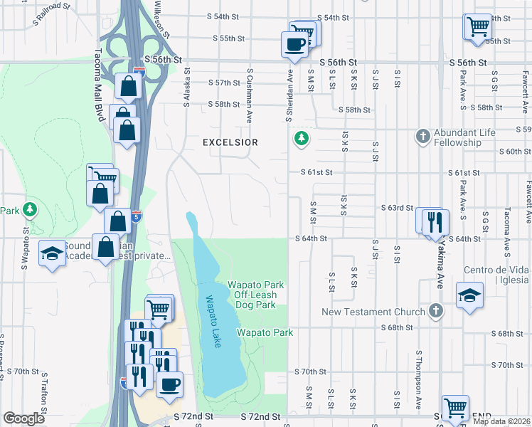 map of restaurants, bars, coffee shops, grocery stores, and more near 6150 South Cushman Avenue in Tacoma