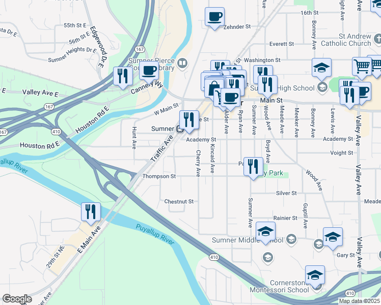 map of restaurants, bars, coffee shops, grocery stores, and more near 809-811 Harrison Street in Sumner