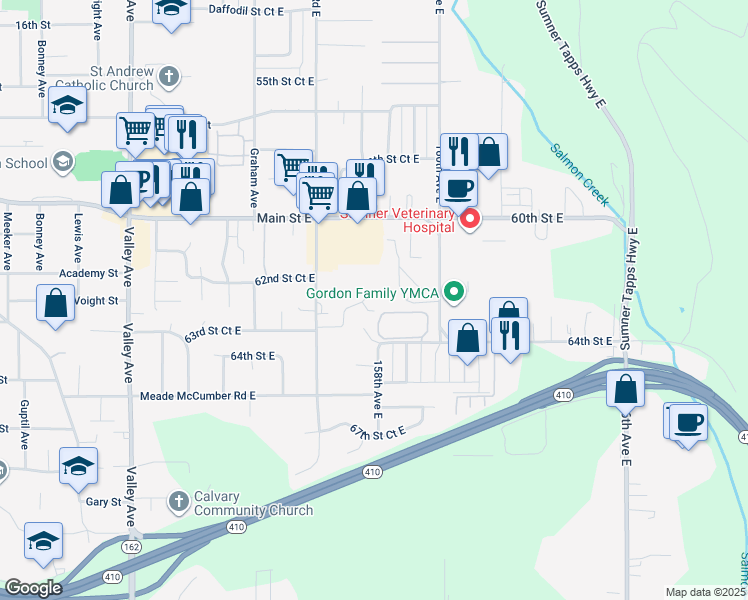 map of restaurants, bars, coffee shops, grocery stores, and more near 15717 63rd Street Court East in Sumner