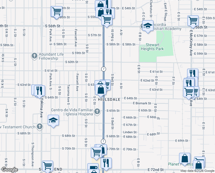 map of restaurants, bars, coffee shops, grocery stores, and more near 6210 South Bell Street in Tacoma