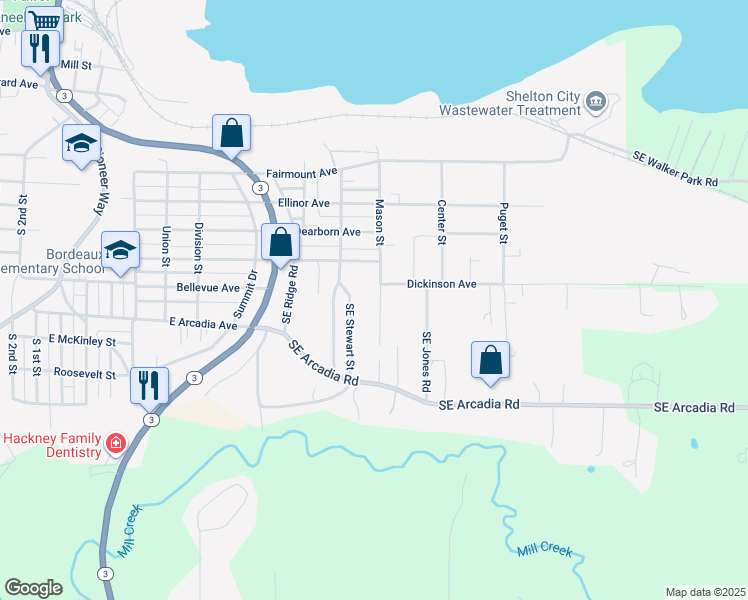 map of restaurants, bars, coffee shops, grocery stores, and more near 1718 Mason Street in Shelton