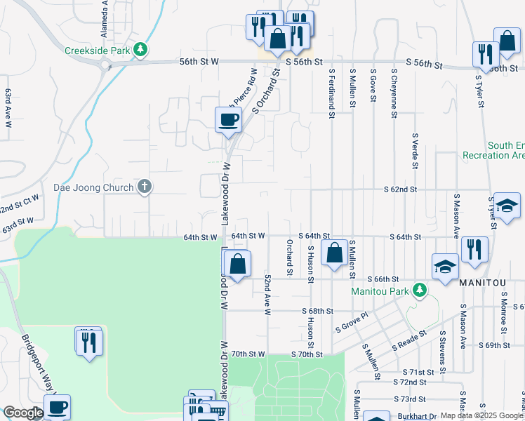 map of restaurants, bars, coffee shops, grocery stores, and more near 6224 52nd Avenue West in University Place